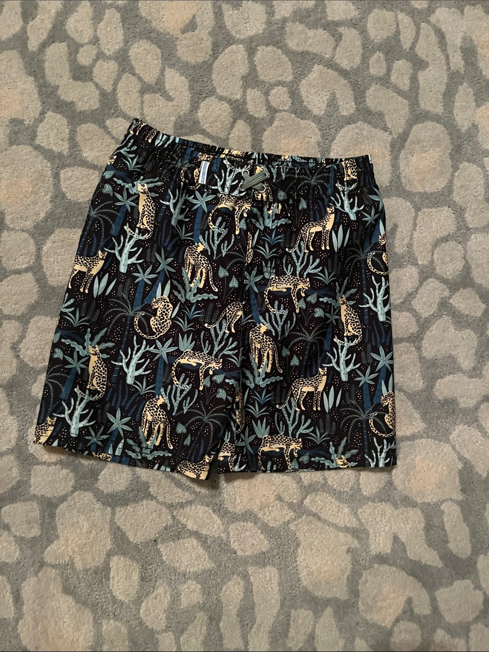 Ruffle Butts Black Swim Trunks with Teal and Gold Leopard Print
